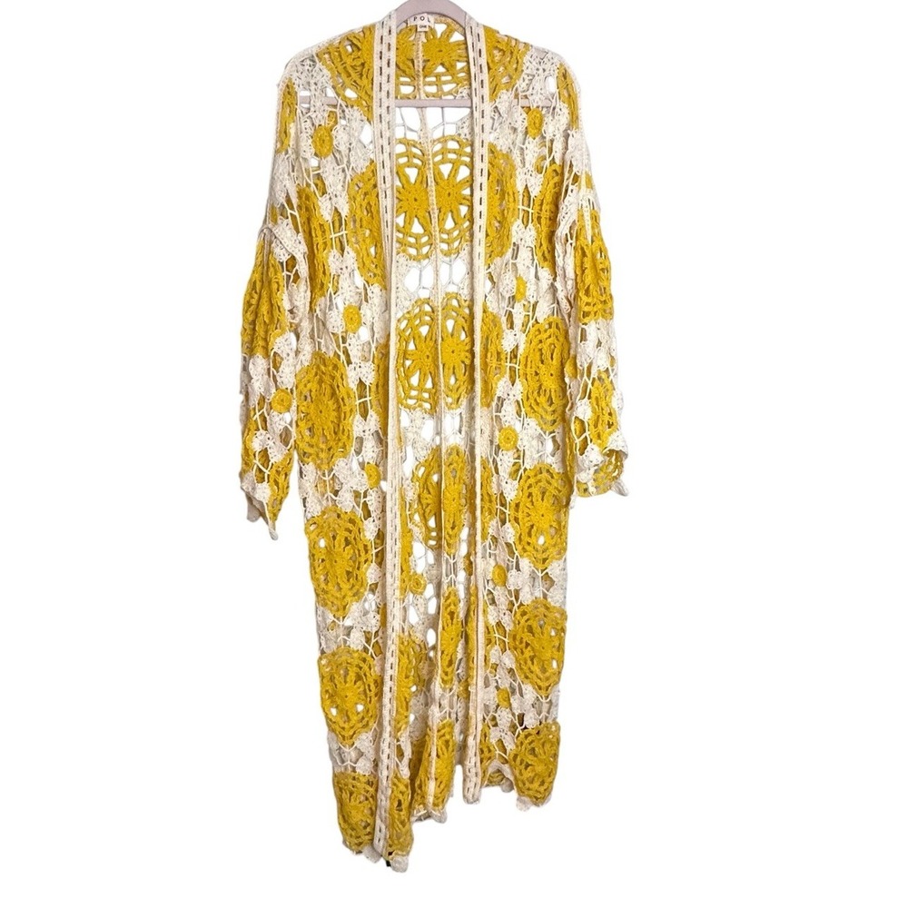 POL Womens One Size Crochet Duster Cardigan Mustard Ivory Boho Long Kimono Artsy